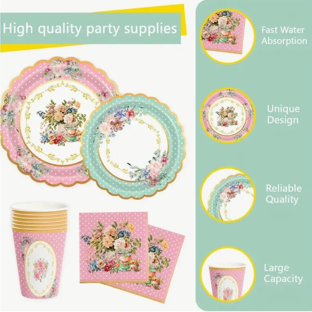Floral Party Tableware 50-pc Set with Pink and Green Accents (Serves 10)